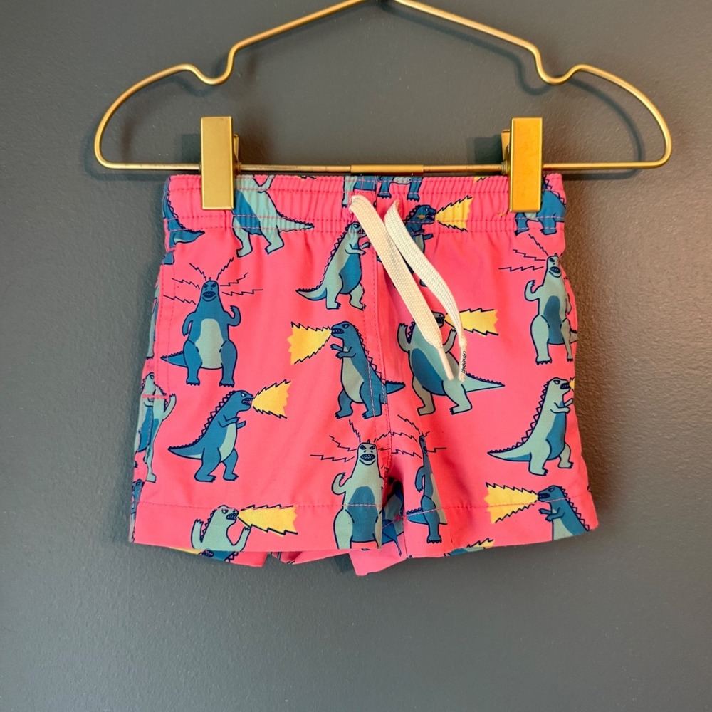 chubbies “Hear Me Roar” Pink Swim Trunks with Blue Godzilla Print